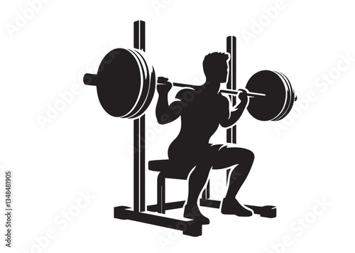 A black-and-white silhouette of a person performing a seated barbell shoulder press using a squat rack. It appears to be a stylized fitness or gym-related graphic isolated  Vector
