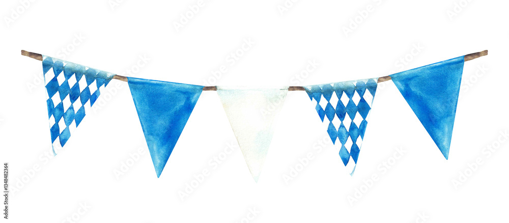 Fototapeta premium Flags on the rope Blue, rhombus and white triangular pennant set. Oktoberfest Germany festival garland. Watercolor hand painted illustration. Elements of the Bavarian flag Isolated from background