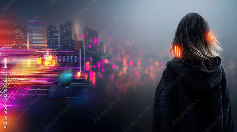 Fototapeta premium Woman Silhouette Neon Cityscape Night Futuristic Urban Scene