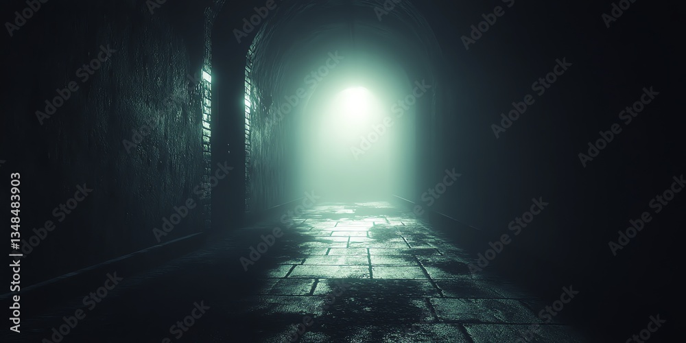 Naklejka premium Exploring a Dark Tunnel with Fog and a Glowing Light Source
