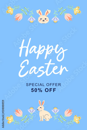 Happy Easter vertical banner with bunny and flowers on blue background. Design with text for discount. Happy Easter hand drawn card. Flat illustration with partial outline. Vector illustration.