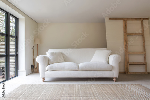 Modern living room with a white couch and natural lighting in a minimalist design