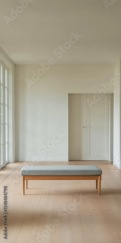 Minimalist interior design with wooden bench and large windows in bright room