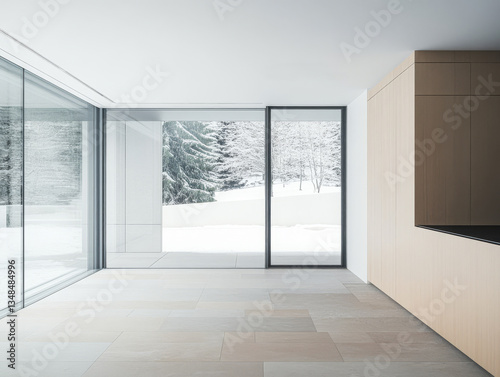 Modern interior design with winter landscape view from large glass windows