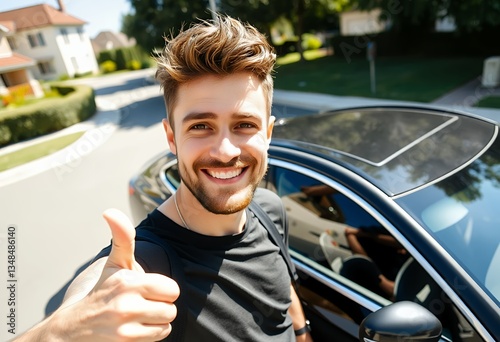 Smiling man giving thumbs up near black car on sunny day