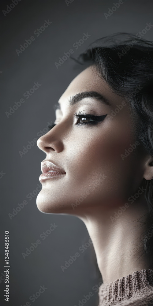 Fototapeta premium Captivating profile of a woman with elegant makeup in soft lighting