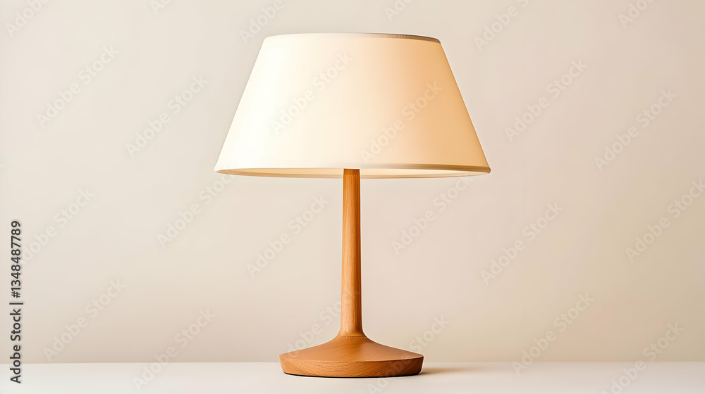 Elegant Wooden Table Lamp with Beige Shade on White Table against Light Beige Wall Elegant Wooden Table Lamp with Beige Shade on White Table against Light Beige Wall