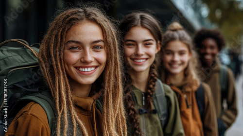 Youthful Excursion: A group of Smiling Teens Embark on a School Field Trip, Sporting Backpacks, radiating joy & camaraderie