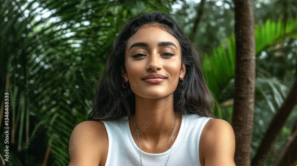 Smiling woman enjoying nature in lush greenery during daylight Smiling woman enjoying nature in lush greenery during daylight