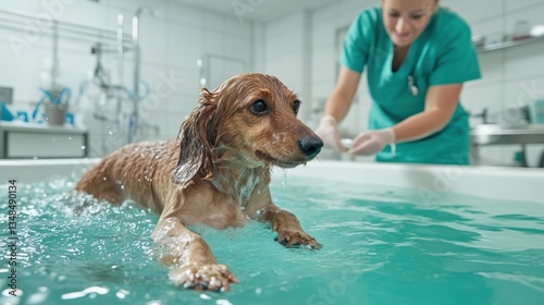 A veterinarian gently supports a Dachshund with intervertebral disc disease as it walks on an underwater treadmill for rehabilitation therapy. 