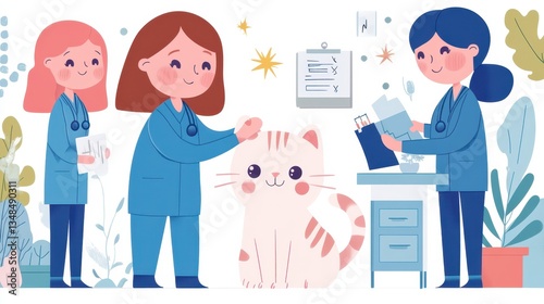 Veterinarians examining a cute kitten in a modern clinic with pastel colors and a minimalistic illustration style