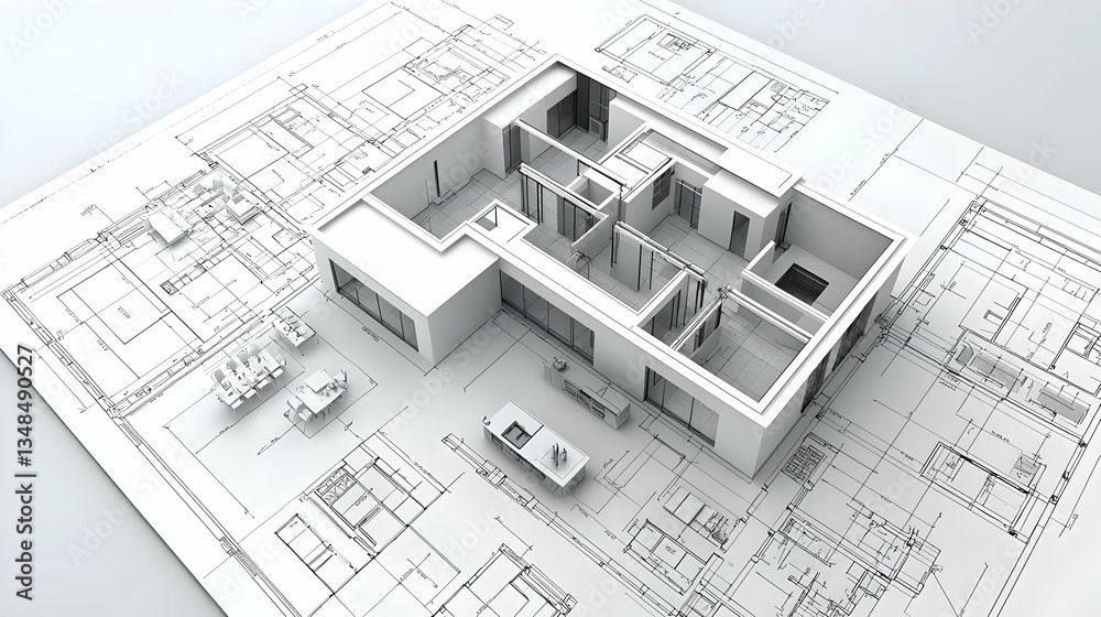 Isometric View Of Detailed White House Plan Showing Interior Layout And Exterior Design On Bright White Background Isometric View Of Detailed White House Plan Showing Interior Layout And Exterior Design On Bright White Background