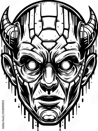 Cyberpunk demons in SVG vector format.Intricate Black and White Illustration of a Devilish Character