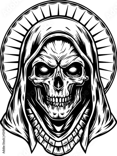 Cyberpunk demons in SVG vector format.Detailed Artistic Illustration of a Skull with a Hooded Figure