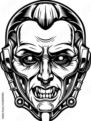 Cyberpunk demons in SVG vector format.Futuristic Robot Head Design in Black and White Line Art