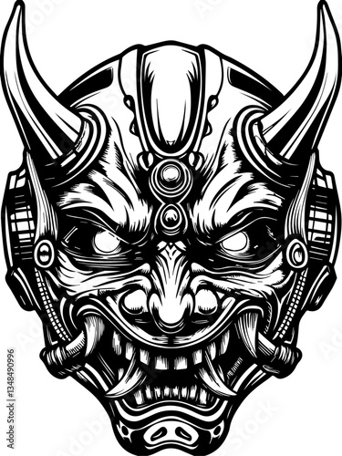 Cyberpunk demons in SVG vector format.Futuristic Demon Mask with Mechanical Elements and Horns
