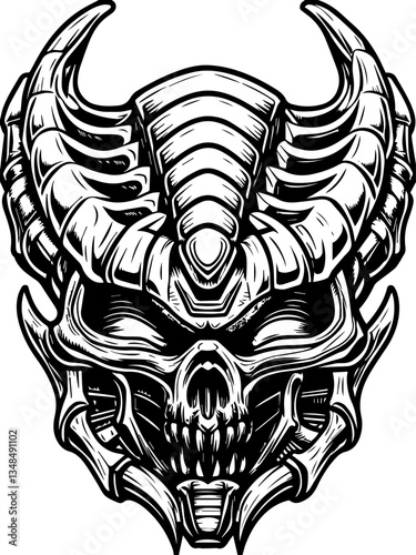Cyberpunk demons in SVG vector format.Demonic Helmet Design with Horns and Skull in Black and White