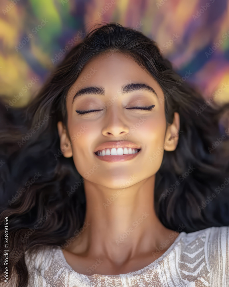 Smiling woman enjoying a moment of joy with colorful background Smiling woman enjoying a moment of joy with colorful background
