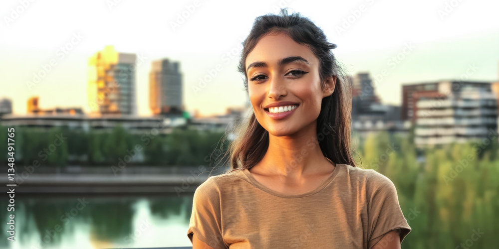 Fototapeta premium Young woman smiles confidently against a city skyline during sunset