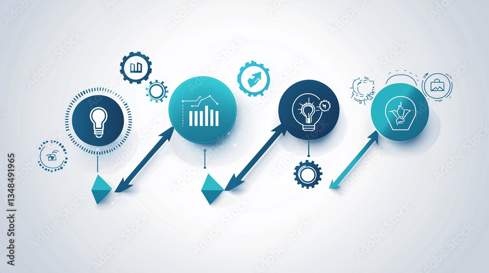 Business infographic with interconnected gears, a glowing lightbulb, and an upward arrow, symbolizing innovation, strategy, and growth in a modern economy. Business infographic with interconnected gears, a glowing lightbulb, and an upward arrow, symbolizing innovation, strategy, and growth in a modern economy.