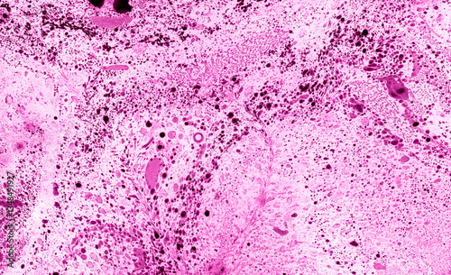 Marble texture background. Filled with purple and black dots on pink and white background. Different shades of colors. Unevenly scattered drops, different in size. Chaotical spots and blur. Abstract.