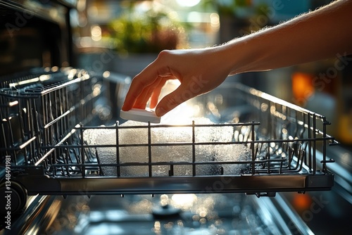 Woman Placing Dishwasher Tablet into Modern Dishwasher for Cleaning Plates and Utensils photo