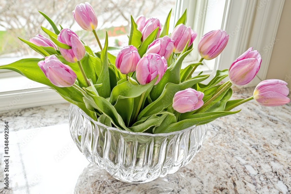 Obraz premium Fresh Tulips in Glass Vase on Marble Countertop with Soft Light