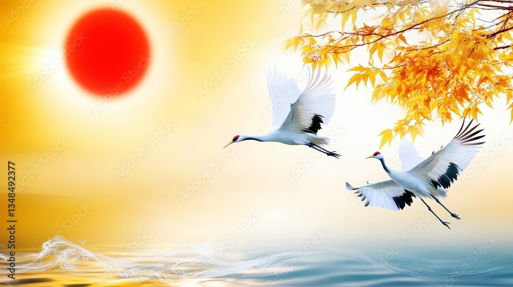 Fototapeta premium Two White Cranes in Flight Golden Sunrise Autumn Leaves Water