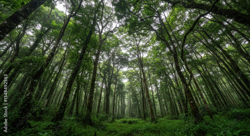 Lush Green Forest Canopy with Tall Trees and Misty Atmosphere in Background Lush Green Forest Canopy with Tall Trees and Misty Atmosphere in Background