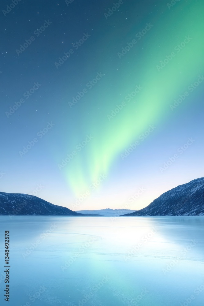 Naklejka premium Dazzling Northern Lights illuminate serene waters in tranquil Ar