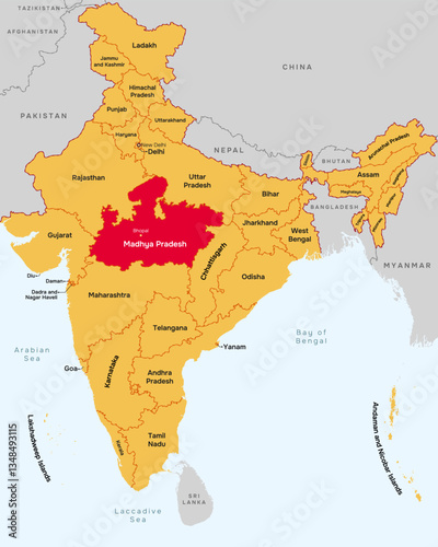 Madhya Pradesh state map, India. Editable Vector map silhouette illustration isolated at India, highlighted at Madhya Pradesh state, with state name, border, and Bhopal capital city.