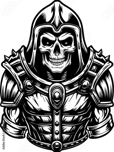 Demon Grim Reaper and Gothic creatures in SVG vector format. Grim Reaper with Skull Face in Armor Created in Bold Style