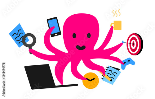 An octopus doing multi tasking, work life balance concept illustration