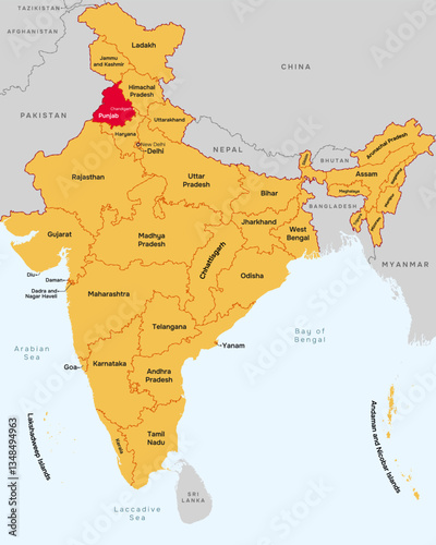 Punjab state map, India. Editable Vector map silhouette illustration isolated at India, highlighted at Punjab state, with state name, border, and Chandigarh capital city.