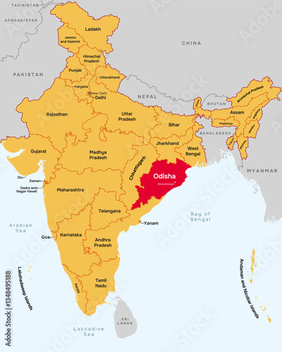 Odisha Orissa state map, India. Editable Vector map silhouette illustration isolated at India, highlighted at West Odisha Orissa state, with state name, border, and Bhubaneswar capital city.