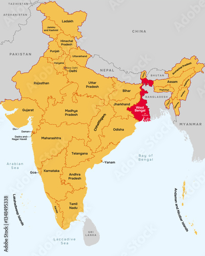 West Bengal state map, India. Editable Vector map silhouette illustration isolated at India, highlighted at West Bengal state, with state name, border, and Kolkata capital city.