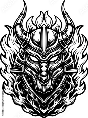 Demonic knights and demons in SVG vector format. Fierce Warrior Helmet with Flames and Horns in Black and White