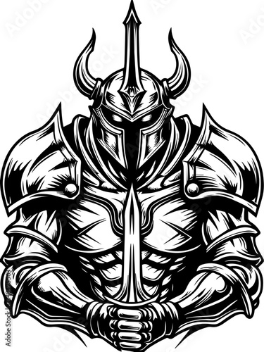 Demonic knights and demons in SVG vector format. Detailed Black and White Illustration of Armored Knight with Sword