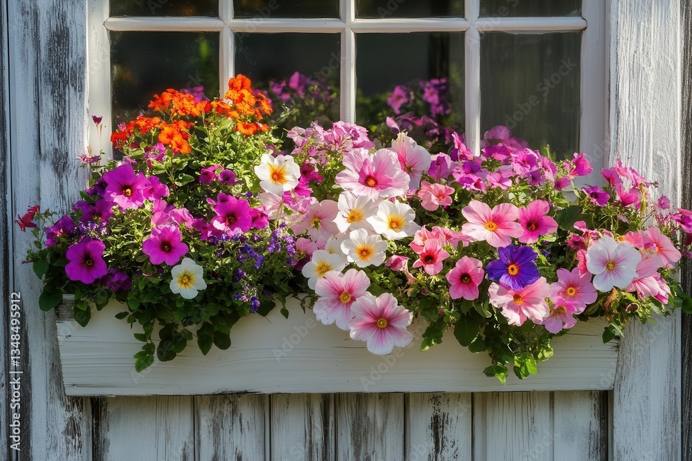 Fototapeta premium cottage garden window box overflowing with vibrant flowers against weathered white fence in morning light