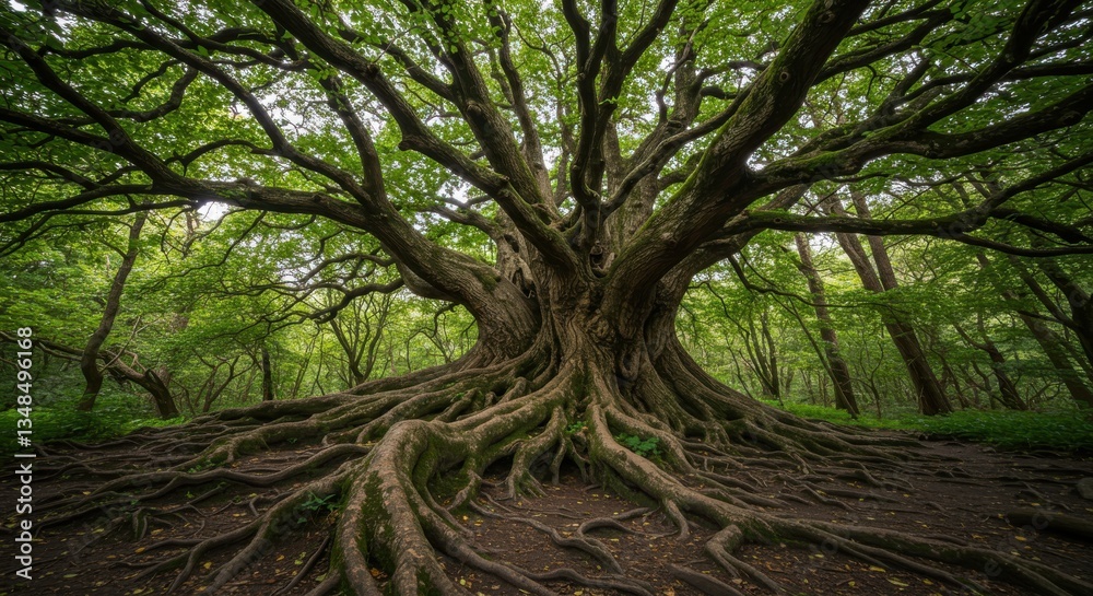 Naklejka premium Majestic ancient tree with sprawling roots in a lush green forest setting