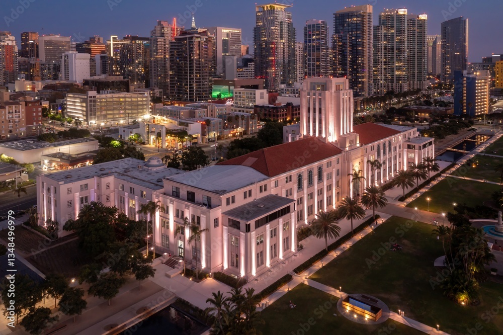 Fototapeta premium Aerial view of the San Diego skyline at dusk, showcasing the County Administration Center and the city's modern architecture in California, USA.