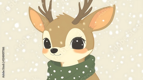 A cute cartoon deer wearing a scarf in falling snow