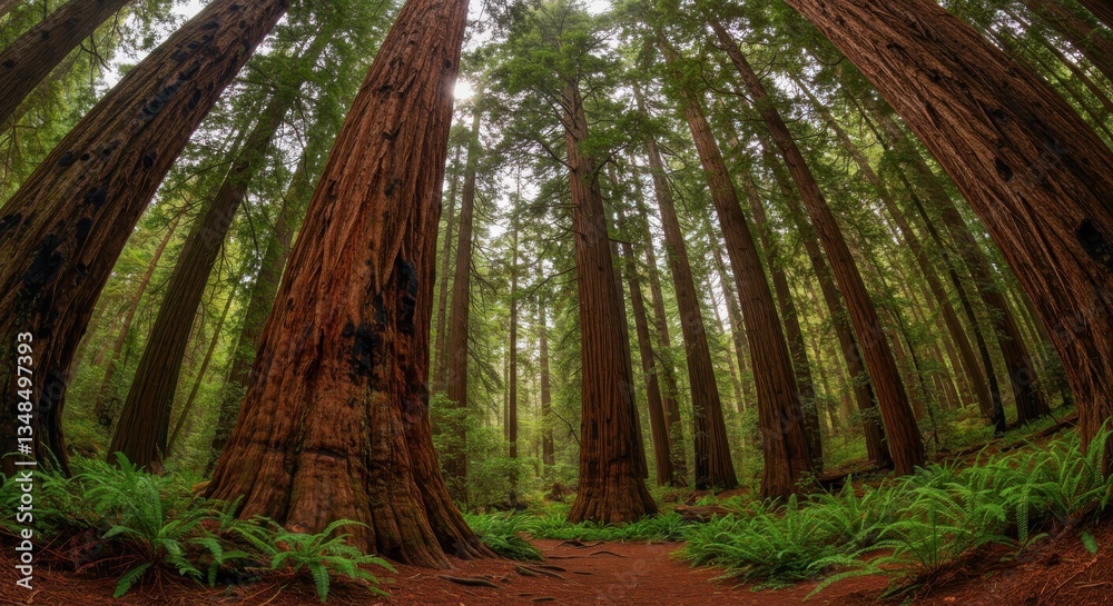 Fototapeta premium Majestic Redwood Forest with Towering Trees and Lush Ferns in Tranquil Nature