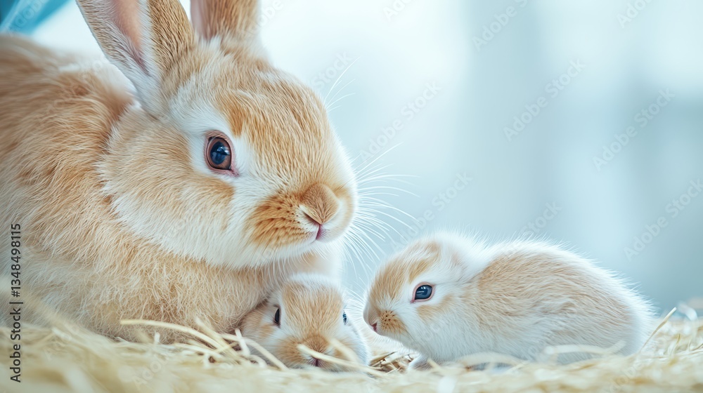 Obraz premium Mother Rabbit and Newborns in Nesting Box with Pale Light and Minimalist Style