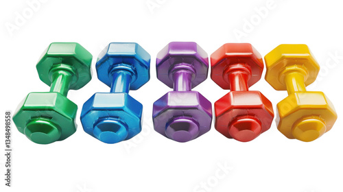 Five colorful dumbbells forming a row on transparent background