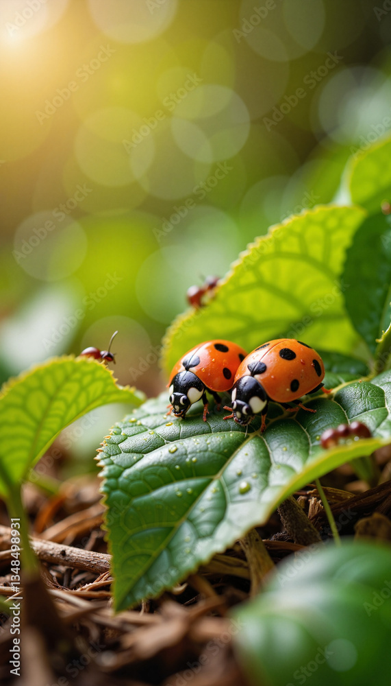 Fototapeta premium Vibrant ladybugs resting on green leaf, nature's beauty