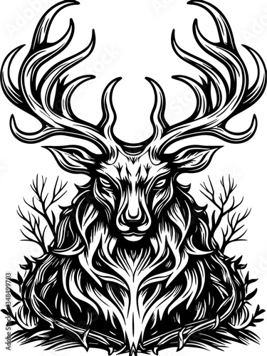 Forest beasts and guardian demons in SVG vector format. Majestic Stag Illustration with Intricate Antler Design Artwork