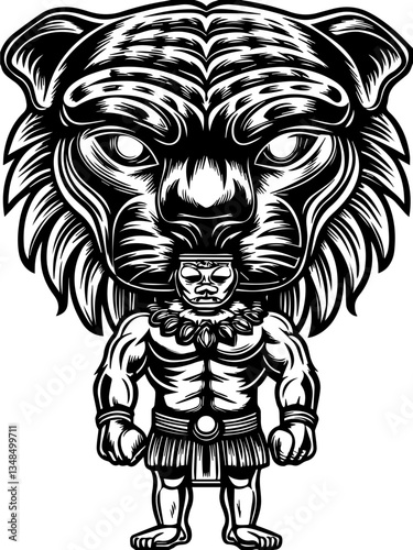 Forest beasts and guardian demons in SVG vector format. Strong Warrior with Lion Head Artwork in Black and White Style