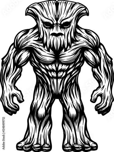 Forest beasts and guardian demons in SVG vector format. Muscular Wood Creature Character with Fierce Expression and Details