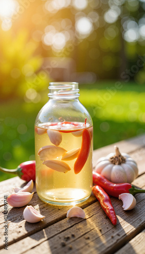 Homemade garlic and chili pest deterrent spray on rustic table, natural remedies